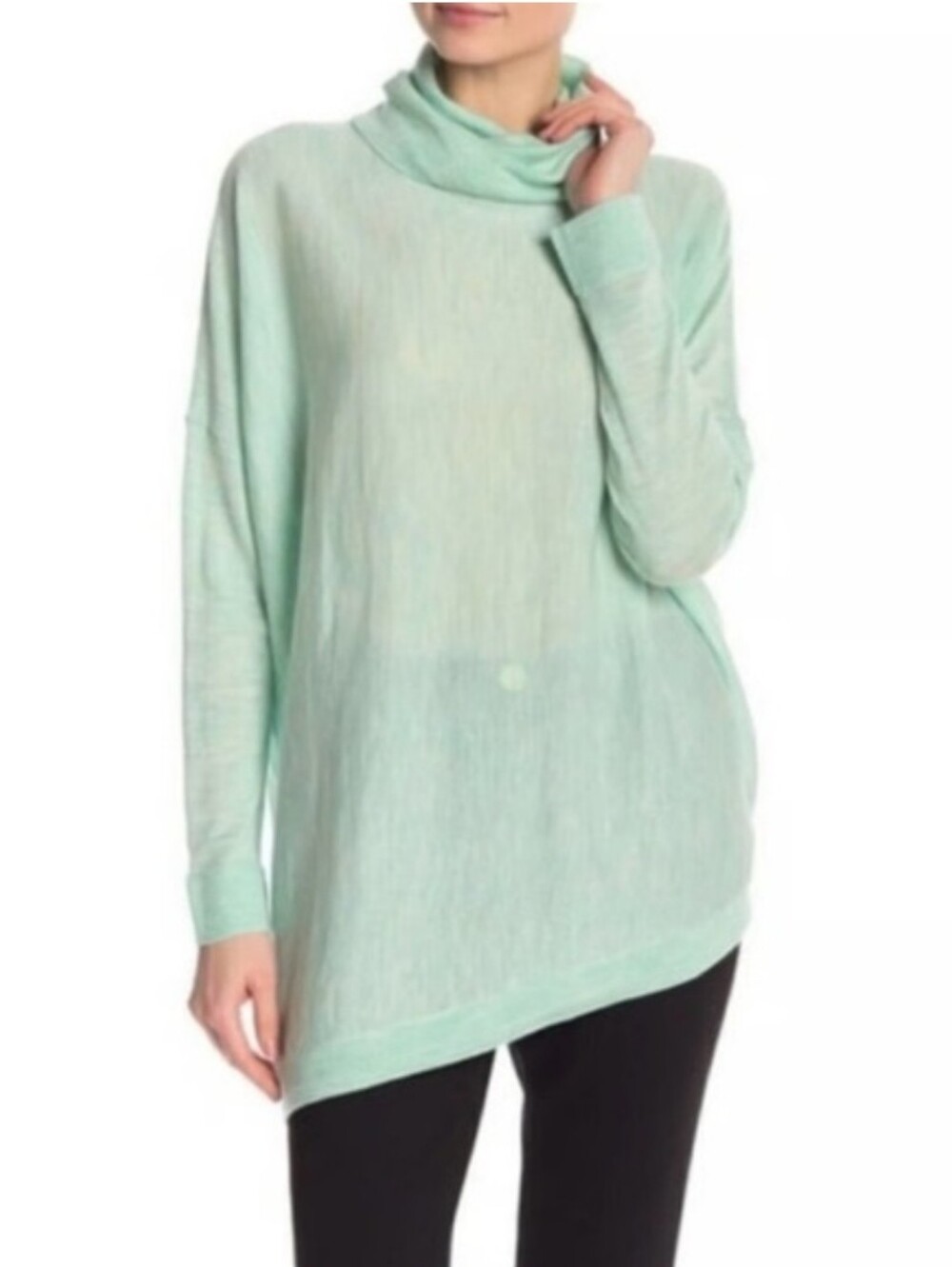 Eileen Fisher Arora Asymmetric Merino Wool Cowl Neck Turtleneck Mint Sweater M